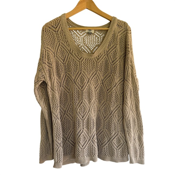 Old Navy Sweaters - Old Navy Womens XXL Tan Cotton Open‎ Knit Pointelle V-Neck Sweater Long Sleeve